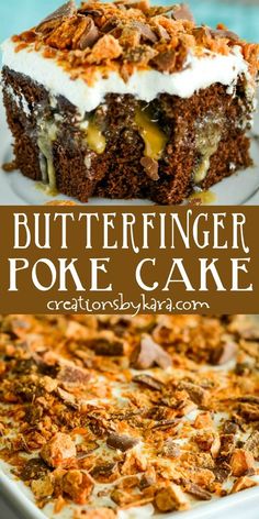 a close up of a cake on a plate with the words butterfingerer poke cake