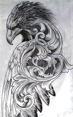 a drawing of an eagle with swirls and waves on it's back side