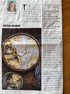 a newspaper article about lemon heaven on a wooden table with a bowl of food next to it