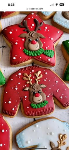 decorated christmas cookies with reindeers and sweaters on them are displayed in front of the camera