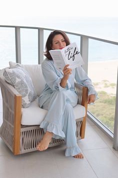 Indulge in ultimate comfort with our Baby Blue Daynaps Pajama. Made of bamboo fabric in stunning azo free dyes, this pajama can be worn day and night. With feminine ruffle details, elastic waist, and button closure, it offers a luxurious fit. Plus, it's machine washable for easy maintenance. The luxurious Baby Blue Daynaps Pajama will be shipped in January 2025. As a special touch, each order includes a beautifully illustrated card and a unique QR code that grants access to a collection of medit Pajama Set White, Bamboo Pajamas, Card Illustration, Bamboo Fabric, Dress Pant, Day And Night, Comfy Fits, Recycled Fabric, Summer Sale