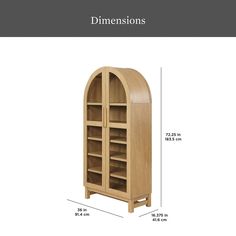 a wooden bookcase with measurements for the top and bottom shelves, including one door