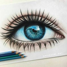 a pencil drawing of an eye with long lashes and blue eyeshade is shown