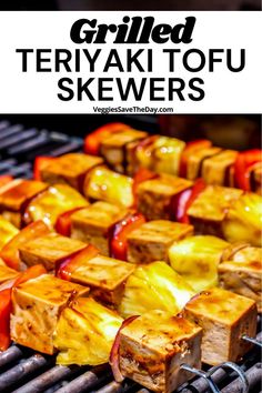 grilled teriyaki tofu skewers on the grill with text overlay