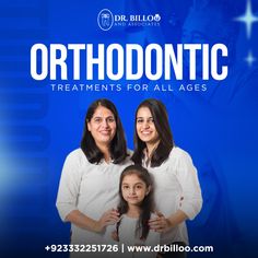 two women and a girl standing in front of a blue background with the words orthodonicic treatments for all ages