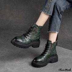 Olivia Mark - Vintage-Inspired Women's Boots with Thick Heel and Calf Leather Patchwork Boots, Casual Summer Sandals, Leather Platform Boots, Platform Boots Women, Rough Heels, Casual Dress Shoes, Casual Flat Shoes, Elegante Casual, Ankle Boots Flat