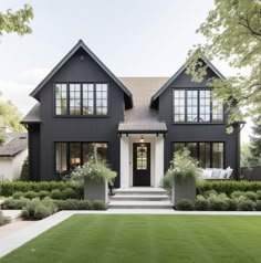 a black and white house with two large plants in front of the entrance to it