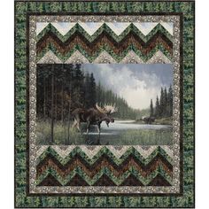 Moose in the woods quilt featuring a majestic moose surrounded by trees and nature-themed patterns, ideal for hunters and those who love the outdoors. Sizes Of Quilts, Alaska Quilts, Free Quilt Patterns Printables, Moose Quilt, Grandmother Quilt, Quilt Panels, Strip Piecing