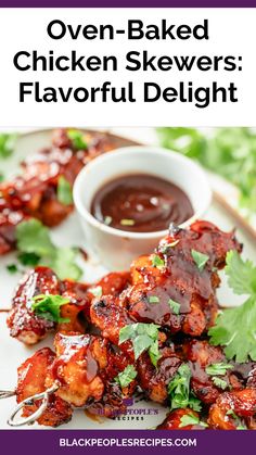 chicken skewers on a plate with sauce and cilantro garnish