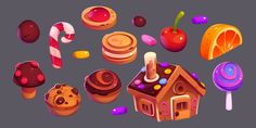 an assortment of sweets and candies on a gray background