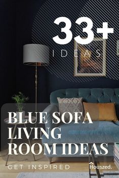 a living room with blue sofa and pillows