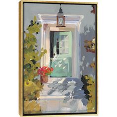 an oil painting of a door and flowers