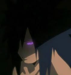 the shadow of an anime character is seen in front of a black background with purple eyes