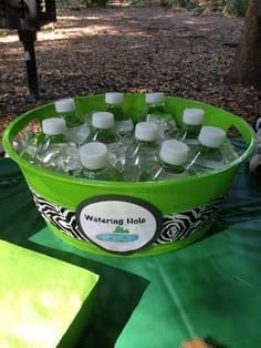 a green bucket filled with water sitting on top of a table next to a tree