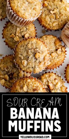 some banana muffins on a white plate with the words sour cream in front of them