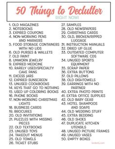 the 50 things to declutter list is shown in red and white with text overlay