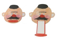 two paper cutouts of a man's head with a red nose and moustache