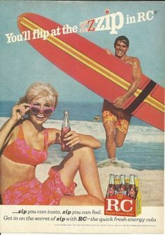 an advertisement for rc soda featuring two people on the beach with surfboards and beer