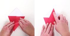 two photos of hands folding an origami star