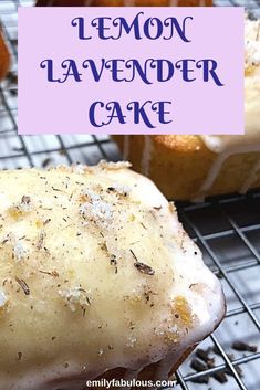 lemon lavender cake on a cooling rack with text overlay