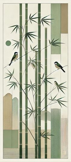 two birds sitting on top of bamboo trees