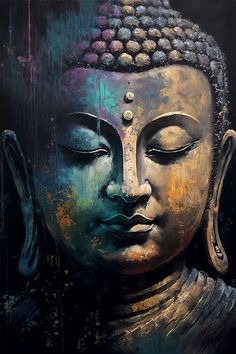 a painting of a buddha head with eyes closed and one eye closed, in front of a black background