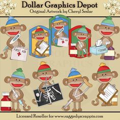 a group of monkeys with different hats and medical equipment in front of an advertisement for dollar graphics