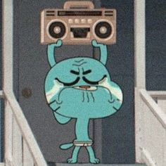 a cartoon character holding up a boombox above his head