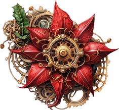 a red and gold clock with leaves on it's face, surrounded by gears