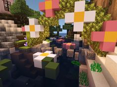 the interior of a minecraft restaurant with tables and stools, plants and trees