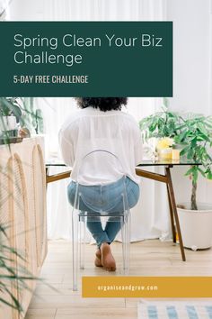 a woman sitting on a chair with the text spring clean your biz challenge 5 - day