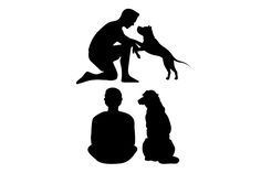 the silhouettes of two people and a dog are shown in black on a white background