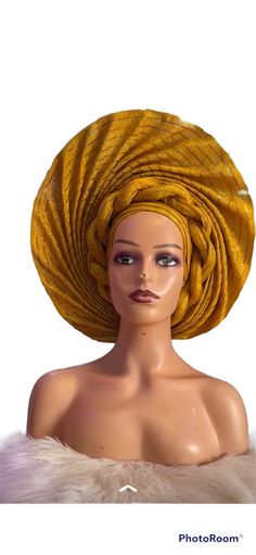 Gold Pre-tied Head Wrap Gele, African Nigerian Yoruba Wedding Aso-Oke Gele Head-Tie Headpiece Headscarf Headwear Headwrap For Black Women Features *100% genuine Aso-Oke. *Easy to tie and maintain. *Comfortable on the head. *Comes in plain Aso-Oke or embellished. *Embellished gele means the gele is decorated with stones and pearls. *Sash is also the same thing as Ipele. *Comes in other lovely colors. We also make complete bridal Aso Oke outfits. We can make this in large numbers for wedding guest Yellow Headband Headwrap For Wedding, Yellow Headwrap For Wedding, Elegant Yellow Wedding Turban, Elegant Yellow Headwrap In Headband Style, Traditional Yellow Headwrap For Wedding, Fitted Headscarf For Wedding, Elegant Wedding Headscarf, Elegant Fitted Wedding Headscarf, Traditional Headscarf