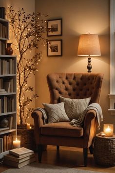 a living room with a chair, lamp and bookshelf full of books in it