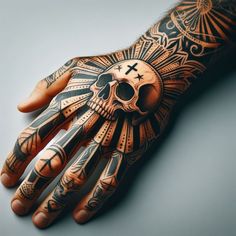 a hand with a skull and cross tattoo on it