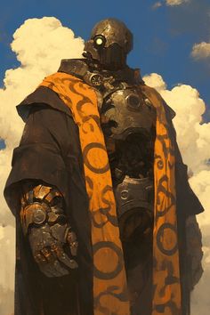 a painting of a man dressed in armor and holding a yellow scarf with clouds behind him