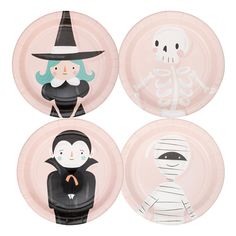 three paper plates with cartoon characters on them, one in black and the other in pink