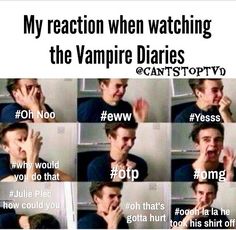 an image of a man making funny faces with his hand to his face and the caption reads, my reaction when watching the vampire diaries can't