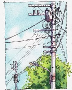 City watercolor painting by @yan_watercolor on instagram Watercolor Tattoo Ideas, Business And Advertising, Electric Pole, Landscape Sketch, Architecture Concept, Art Painting Gallery, 수채화 그림