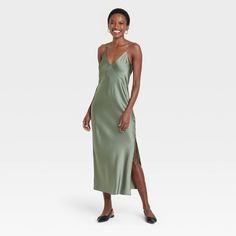 Women's Midi Slip Dress - A New Day™ Sage L Green Slip Dress, Green Silk Dresses, Target Dresses, Midi Slip Dress, Ruched Midi Dress, Maxi Slip Dress, Women Midi, Women Maxi, Ruched Dress