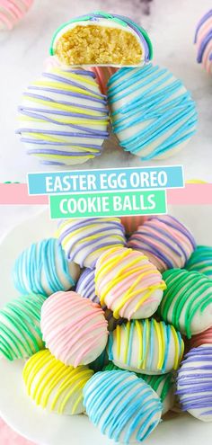 easter egg oreo cookie balls on a white plate with the title overlay above it