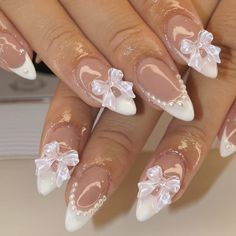 Elegant Pink Nails, Nails With Bows, Glitter Rosa, Medium Almond, Cute Simple Nails, Acrylic Nail Kit, Pointed Nails