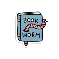 a book worm sticker sitting on top of a blue book