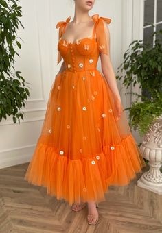 Daisy Sun Ruffle Dress | Teuta Matoshi Orange Party Dresses, Ankle Length Prom Dress, Graduation Gown, Leather Pleated Skirt, Flowers Butterfly, Illusion Dress, فستان سهرة, Prom Dresses Short, Orange Dress