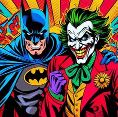 the joker and batman character are standing together