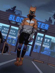 an animated image of a batman walking down the street