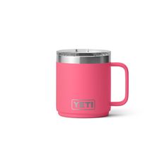 a pink yeti mug with the word yeti on it is shown in front of a white background