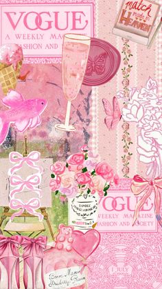 a collage of pink and white images with ice cream, flowers, hearts, and candy