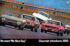 an advertisement for the chevrolet motor company featuring four muscle cars, one red and one white