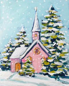 a painting of a pink church in winter with snow on the ground and evergreen trees